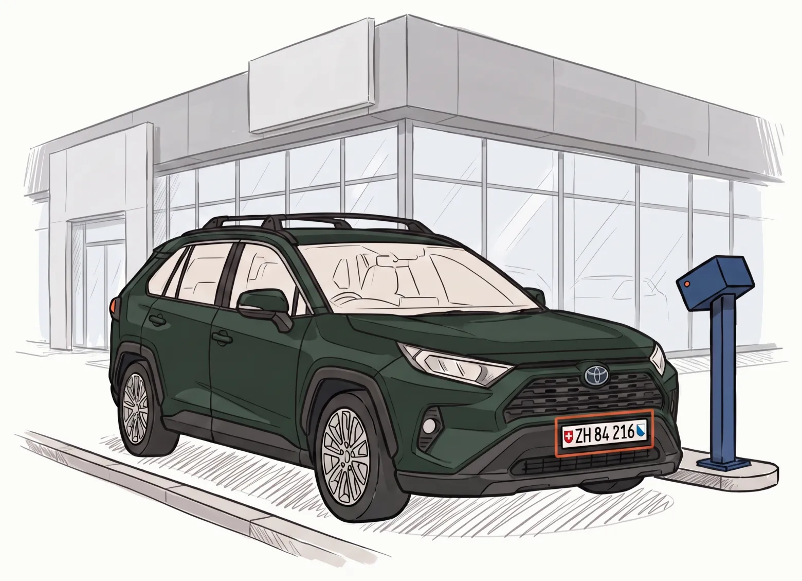 Toyota RAV4 mit Zürcher Kennzeichen an der Einfahrt zum Autohaus, eine Kamera am Pfosten liest das Schild