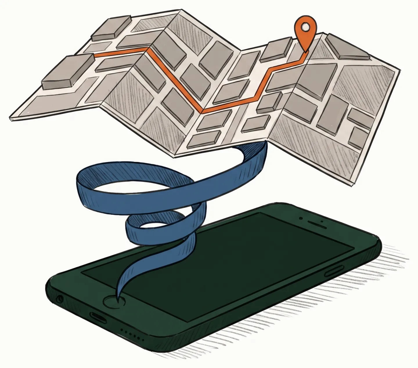Aus einem Telefon steigt die Stimme als Band auf und wird zum Stadtplan, auf dem die Fahrt schon eingezeichnet ist